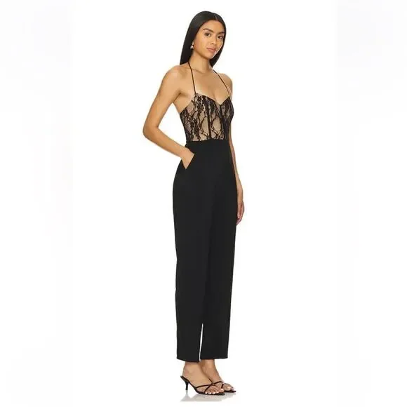Superdown Revolve Bella Lace Jumpsuit illusion black nude bodice one piece XS